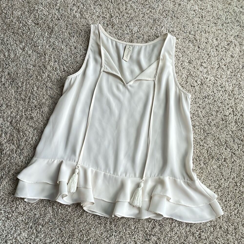 Allison Joy White Cream Sheer Tassel Ruffle Peplum Tank Blouse Size S